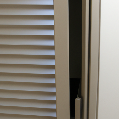 A partially opened door with horizontal slats.