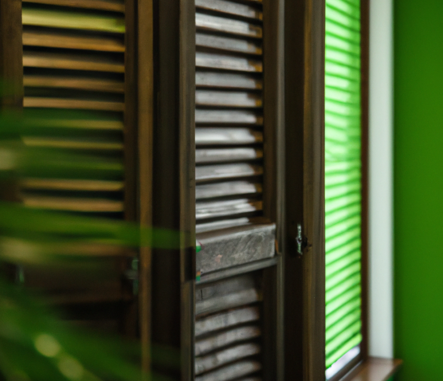 Brown wooden shutters beside green window blinds and a leafy plant.